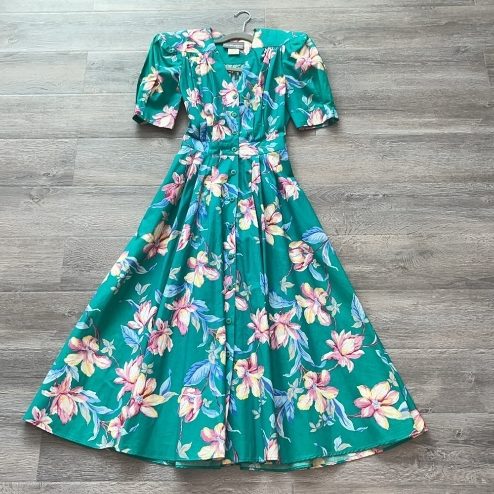 Vintage Carol Anderson short sleeve green/teal floral dress brunch tea party 7/8